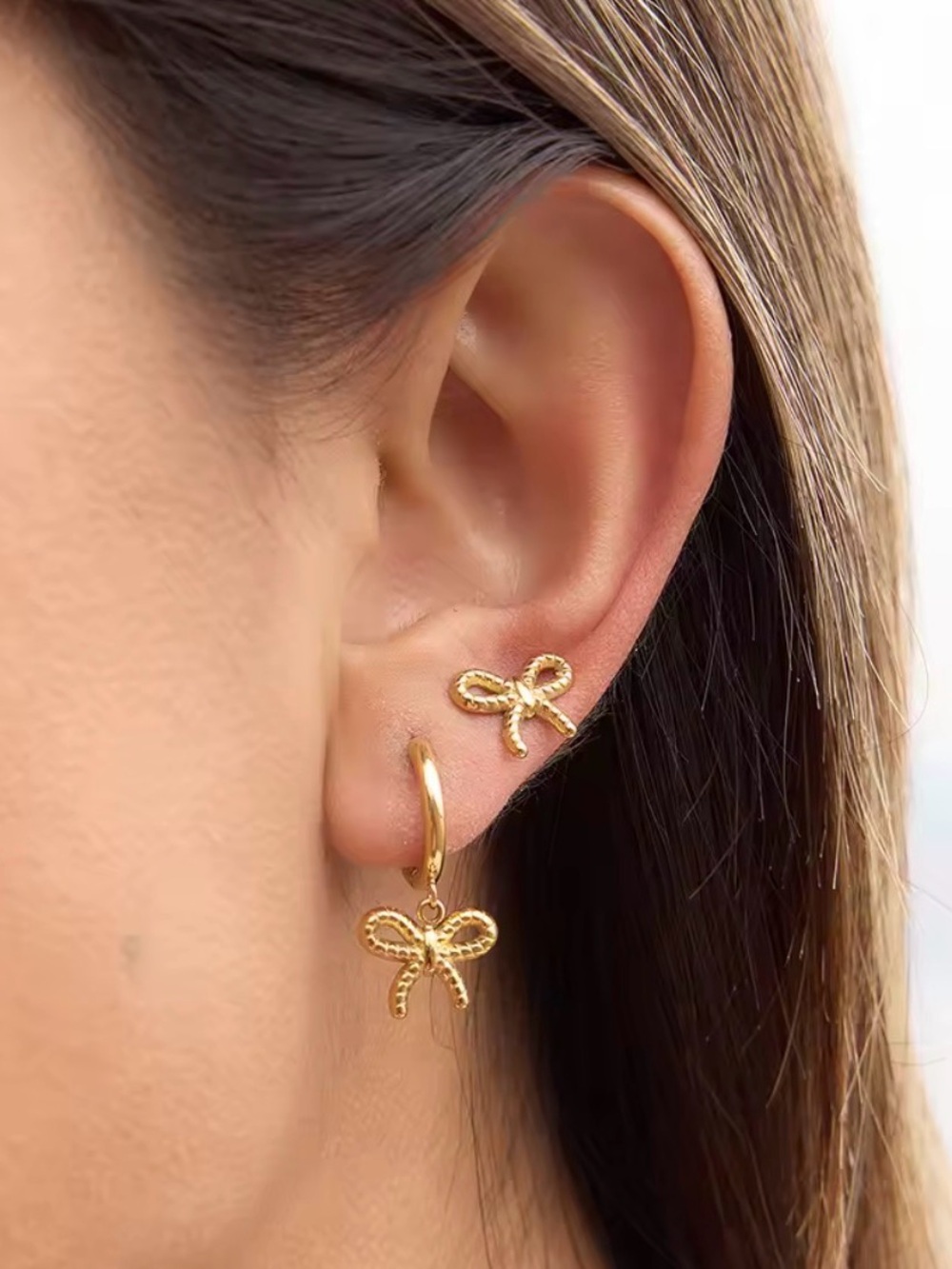 Gold Bow Drop & Stud Earrings - Women Jewelry